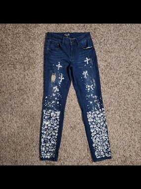 A.Z.I New York Encrusted Crystal & Rhinestone Cross Distressed Jeans Size 0